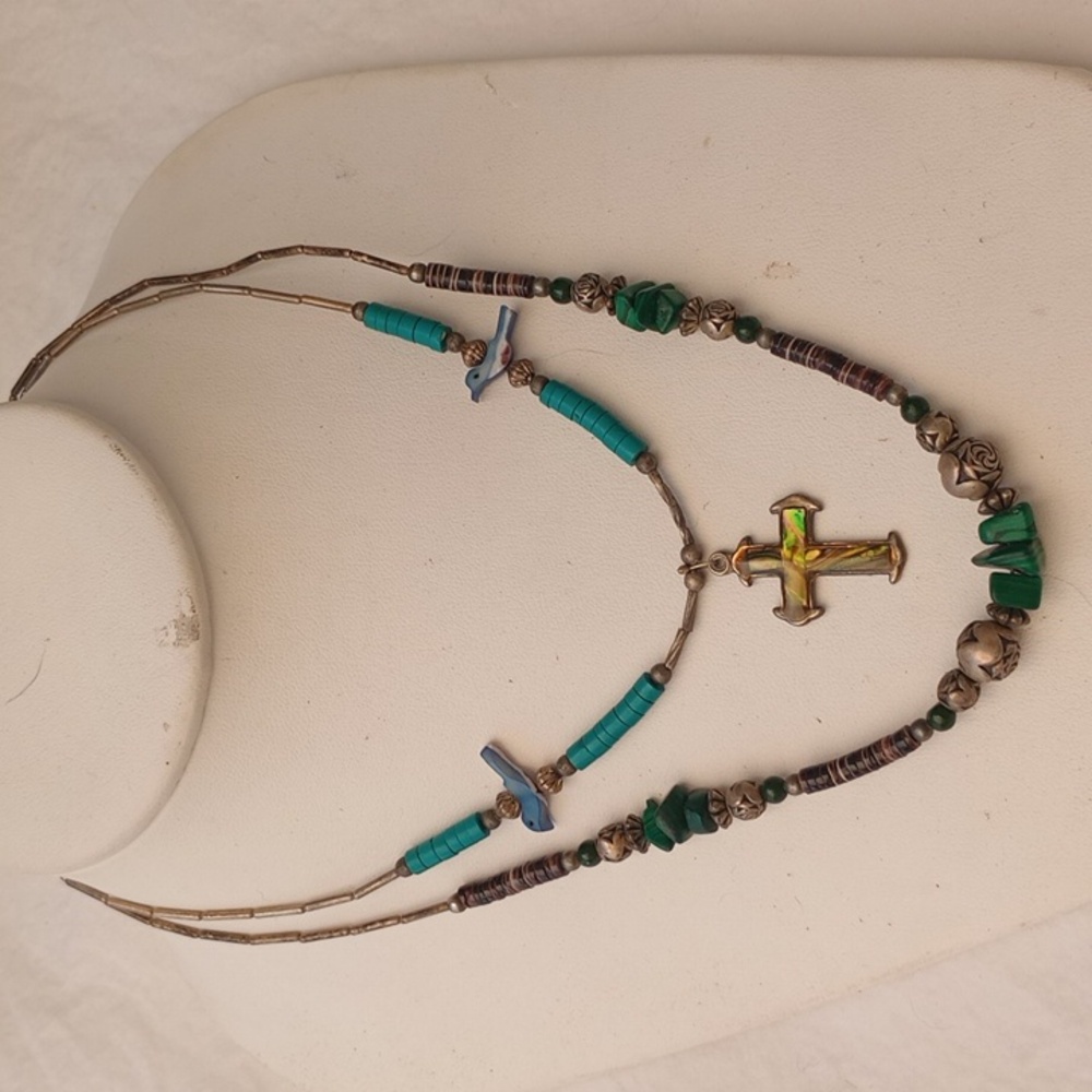 Bohemian Green and Silver Layered Necklaces Handmade Vintage Southwest Western